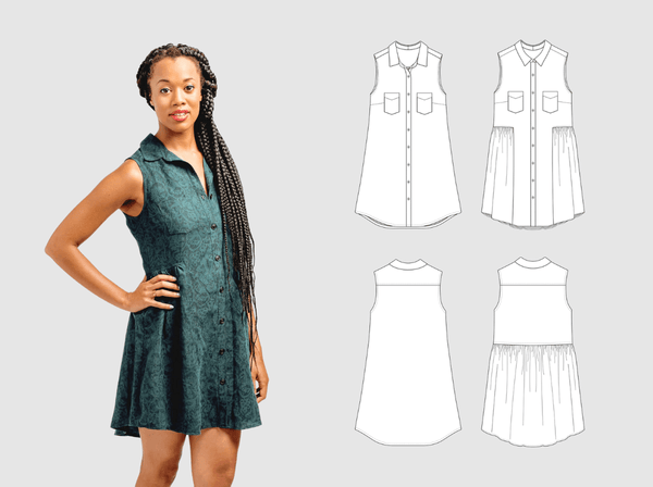 Model in teal sleeveless shirt dress with collar and buttons, shown next to technical pattern illustrations front and back