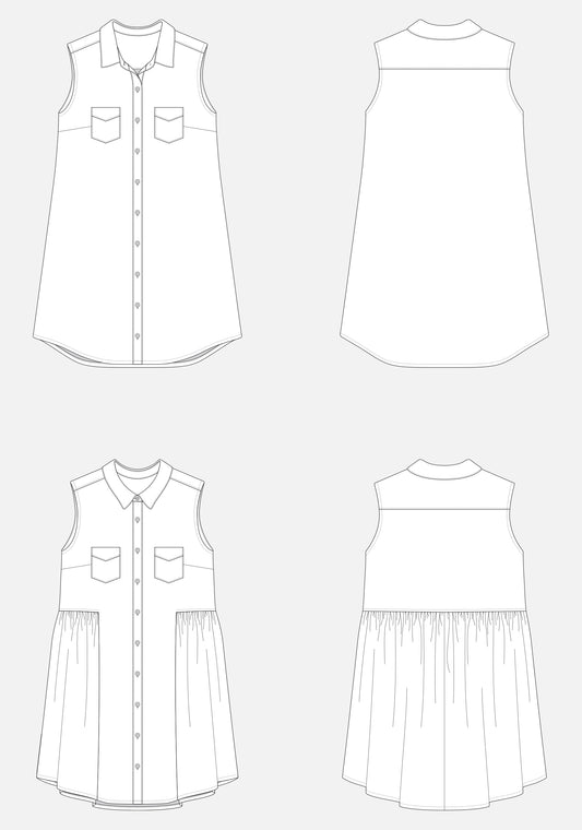 Flat illustrations of Alder Shirtdress showing View A with straight sides and View B with gathered skirt.
