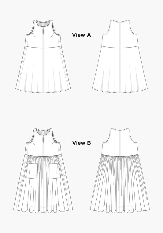 Technical flats of Austin Dress Views A and B, showing front and back of views a and b.