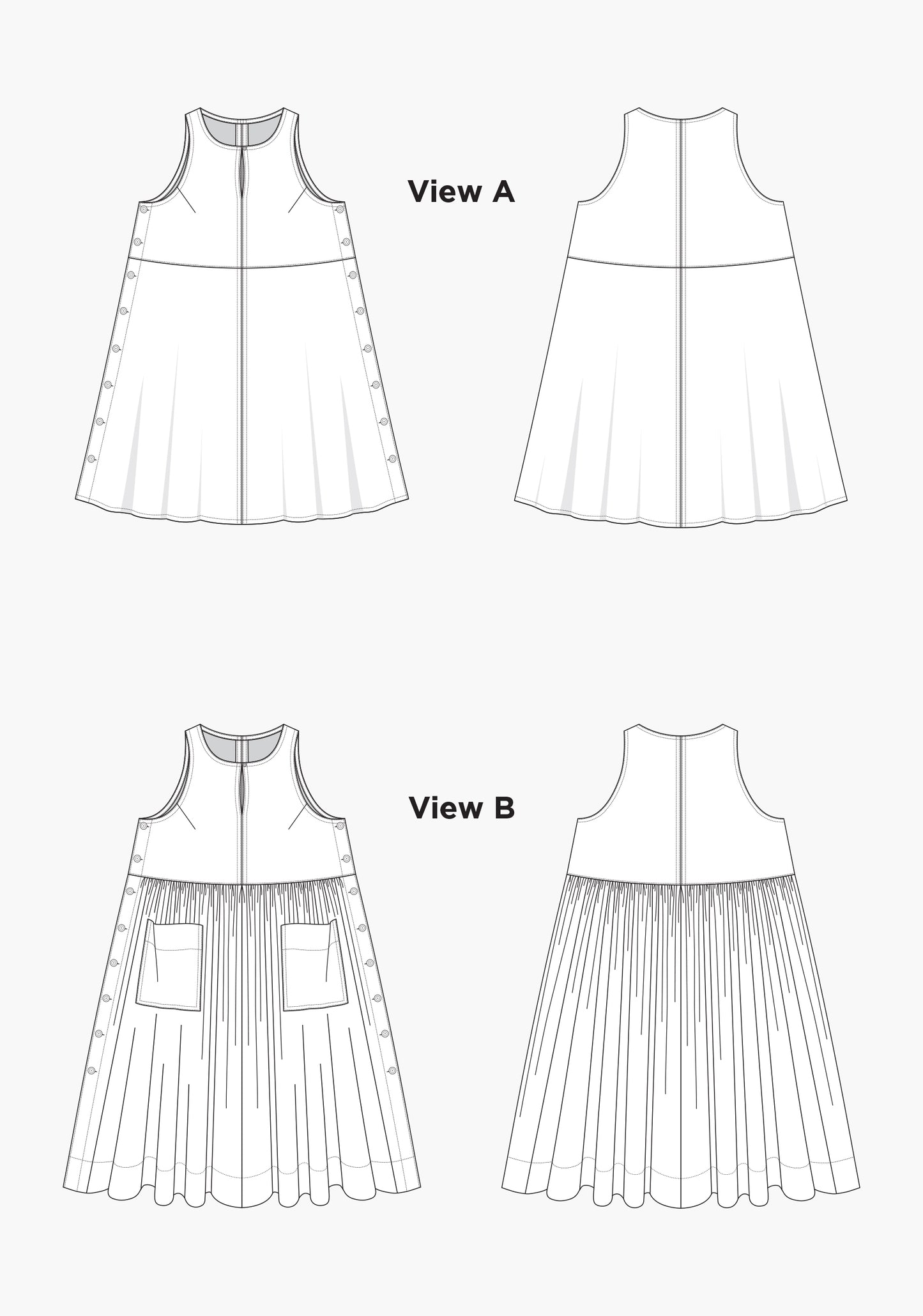 Technical flats of Austin Dress Views A and B, showing front and back of views a and b.