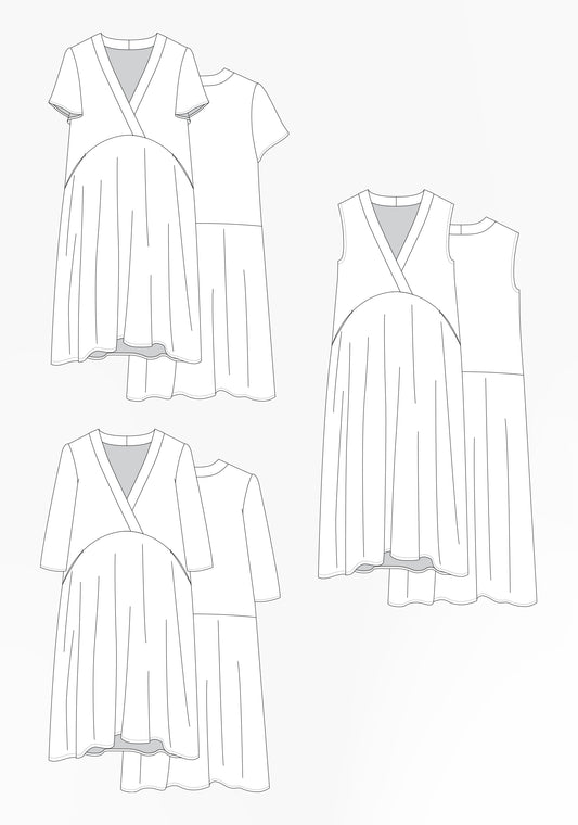Flat illustrations of Felix Dress with sleeveless bodice, flutter and long sleeves, featuring crossover front and curved waist seam.