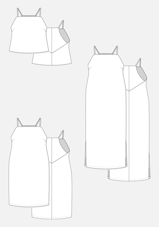 Technical flats of Myra Top and Dress Views A, B, and C, front and back.