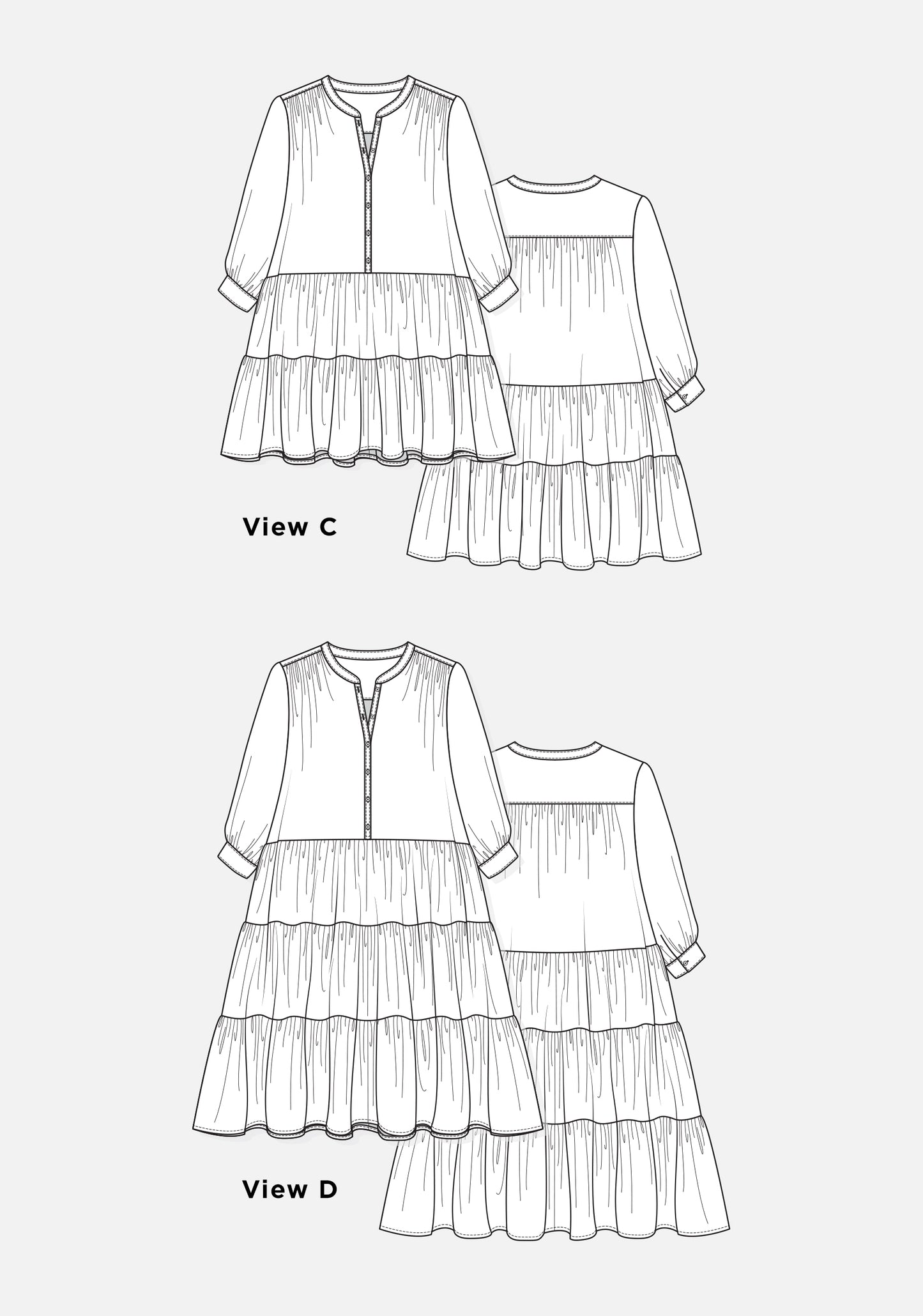 Technical flats of Poppy Dress Views C and D with long sleeves and tiered skirts, front and back.