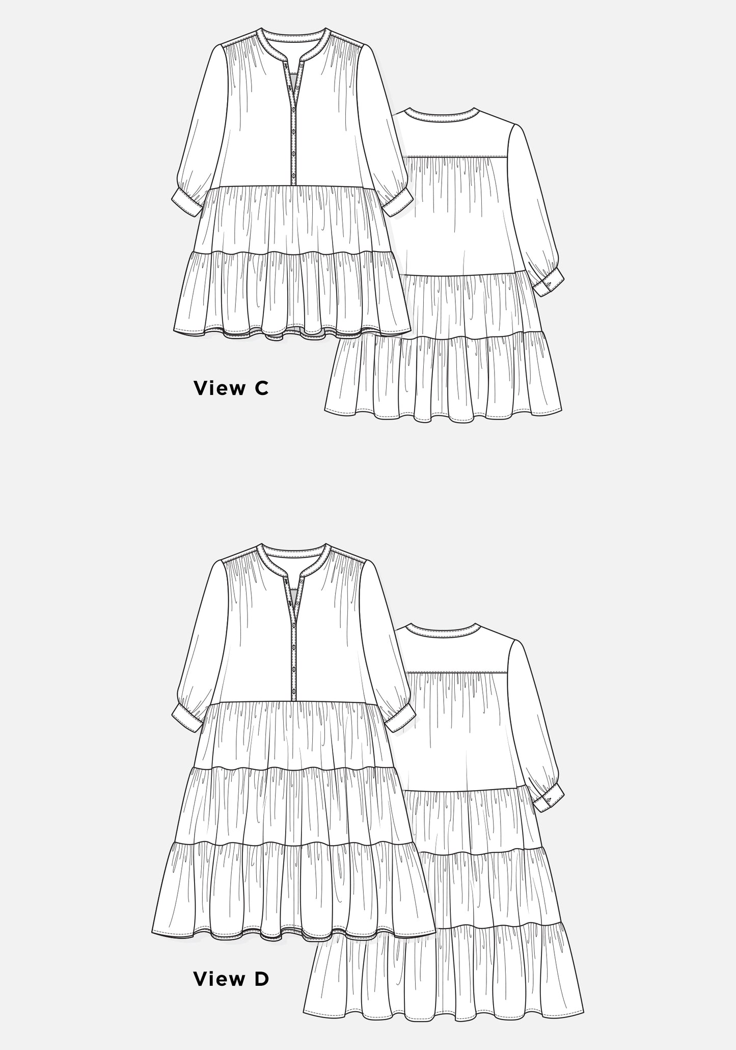 Technical flats of Poppy Dress Views C and D with long sleeves and tiered skirts, front and back.