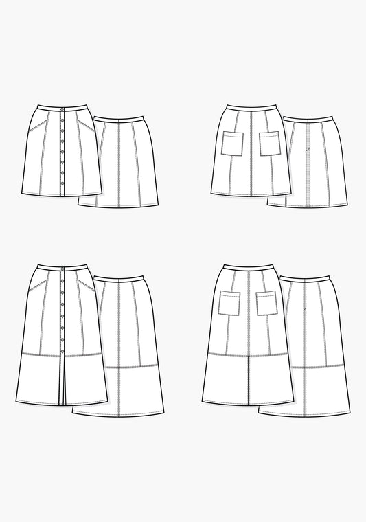 Flat illustration of Reed Skirt showing four views with panel seams, waistband options, and pocket styles.