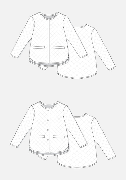 Technical flats of the Tamarack Jacket with front welt pockets and curved hem, shown with binding and snap variations.