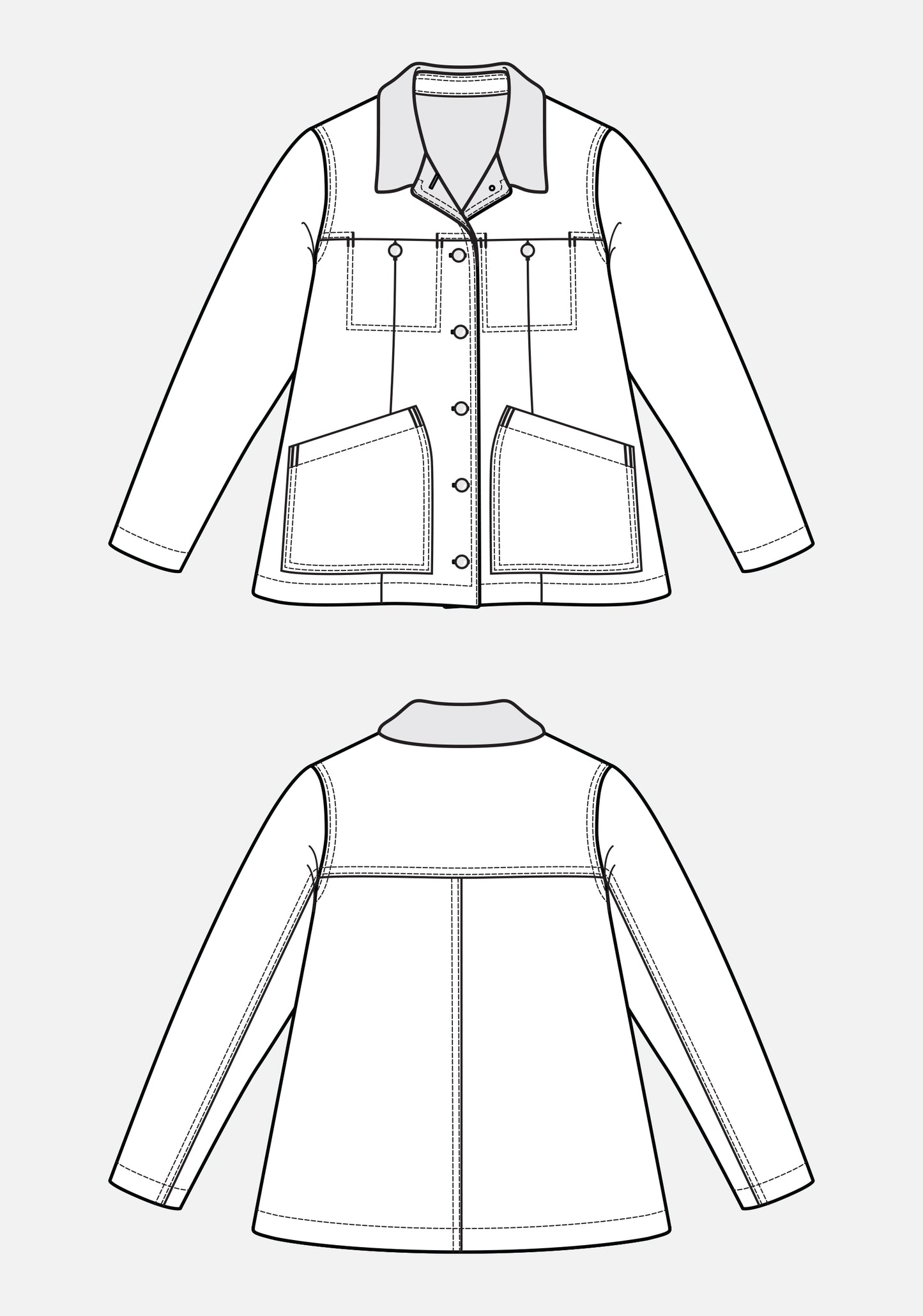 Flat illustration of a hip-length Thayer Jacket with pointed collar, front snap closure, and pockets