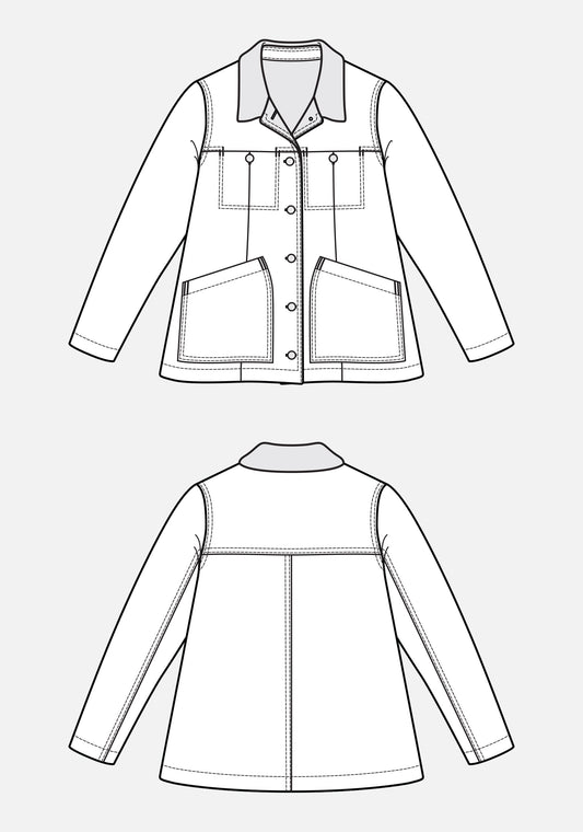 Flat illustration of a hip-length Thayer Jacket with pointed collar, front snap closure, and pockets