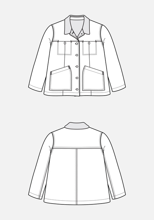 Flat illustration of a hip-length Thayer Jacket with pointed collar, front snap closure, and pockets