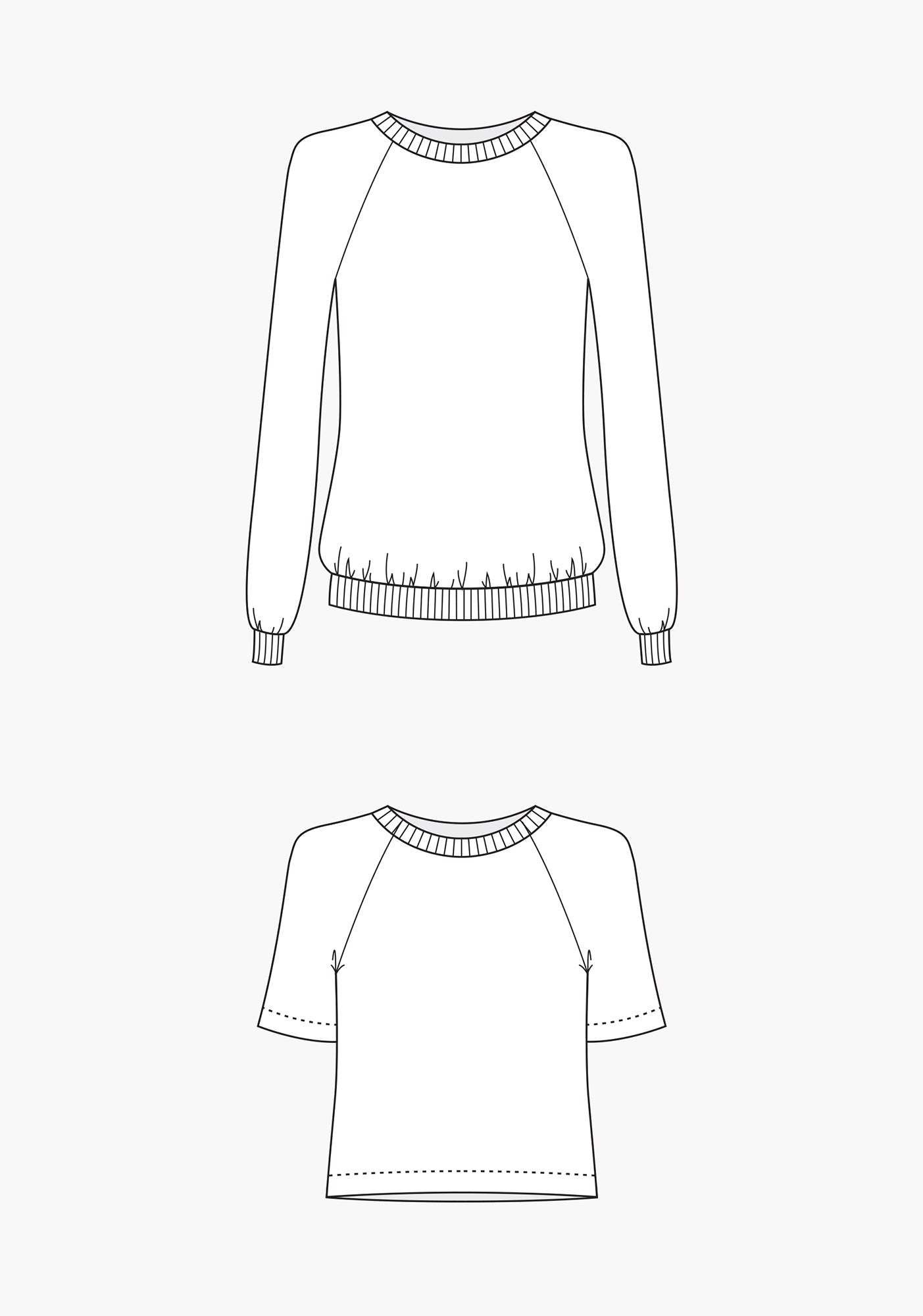 Line drawings of the Linden Sweatshirt pattern showing long and short sleeve views with raglan seams.