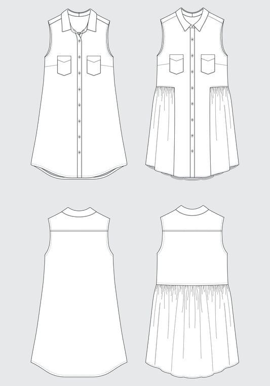 Flat illustrations of Alder Shirtdress showing View A with straight sides and View B with gathered skirt.