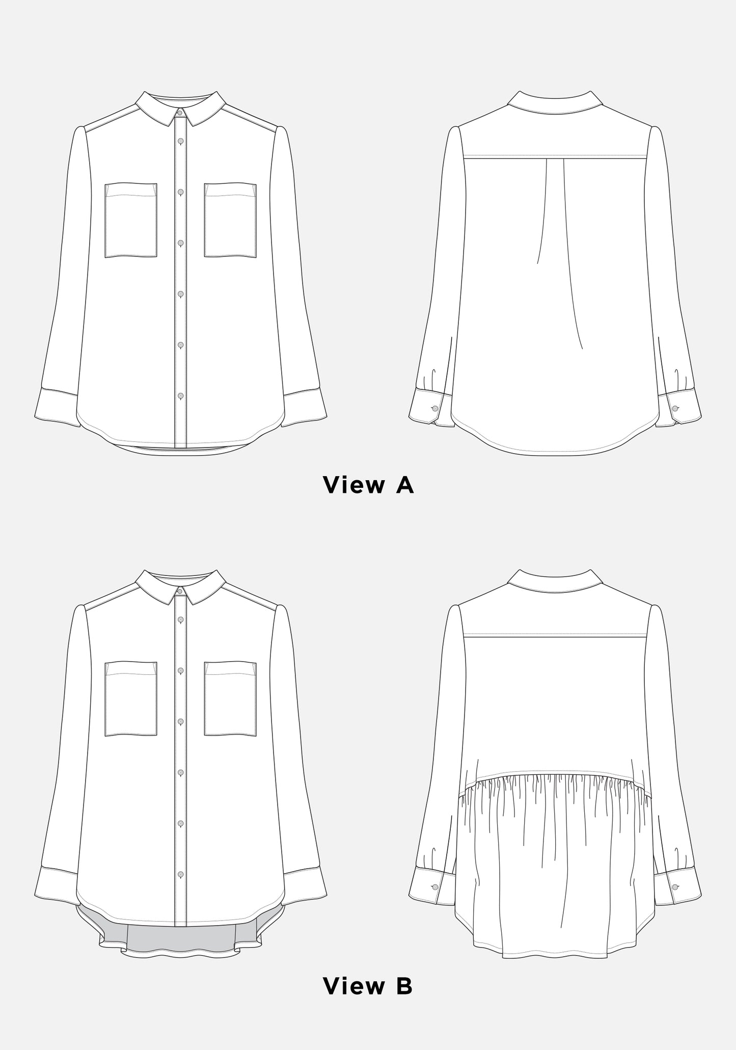 Technical drawings of Archer Button Up View A with back pleat and View B with gathered lower back.