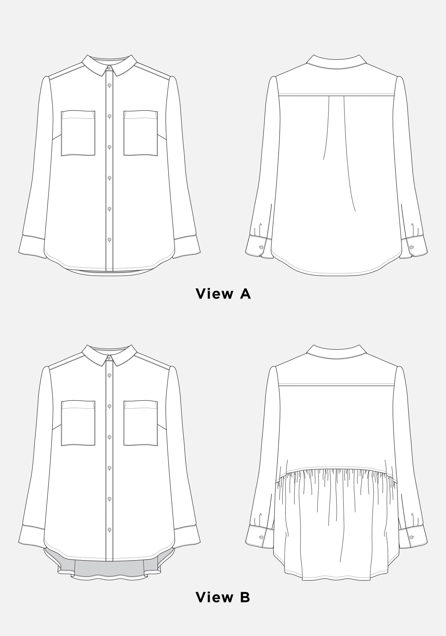 Line drawings of Archer Button Up Views A and B, showing front and back views for sewing reference.