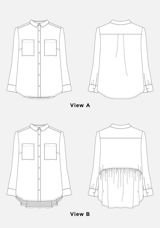 Line drawings of Archer Button Up Views A and B, showing front and back views for sewing reference.