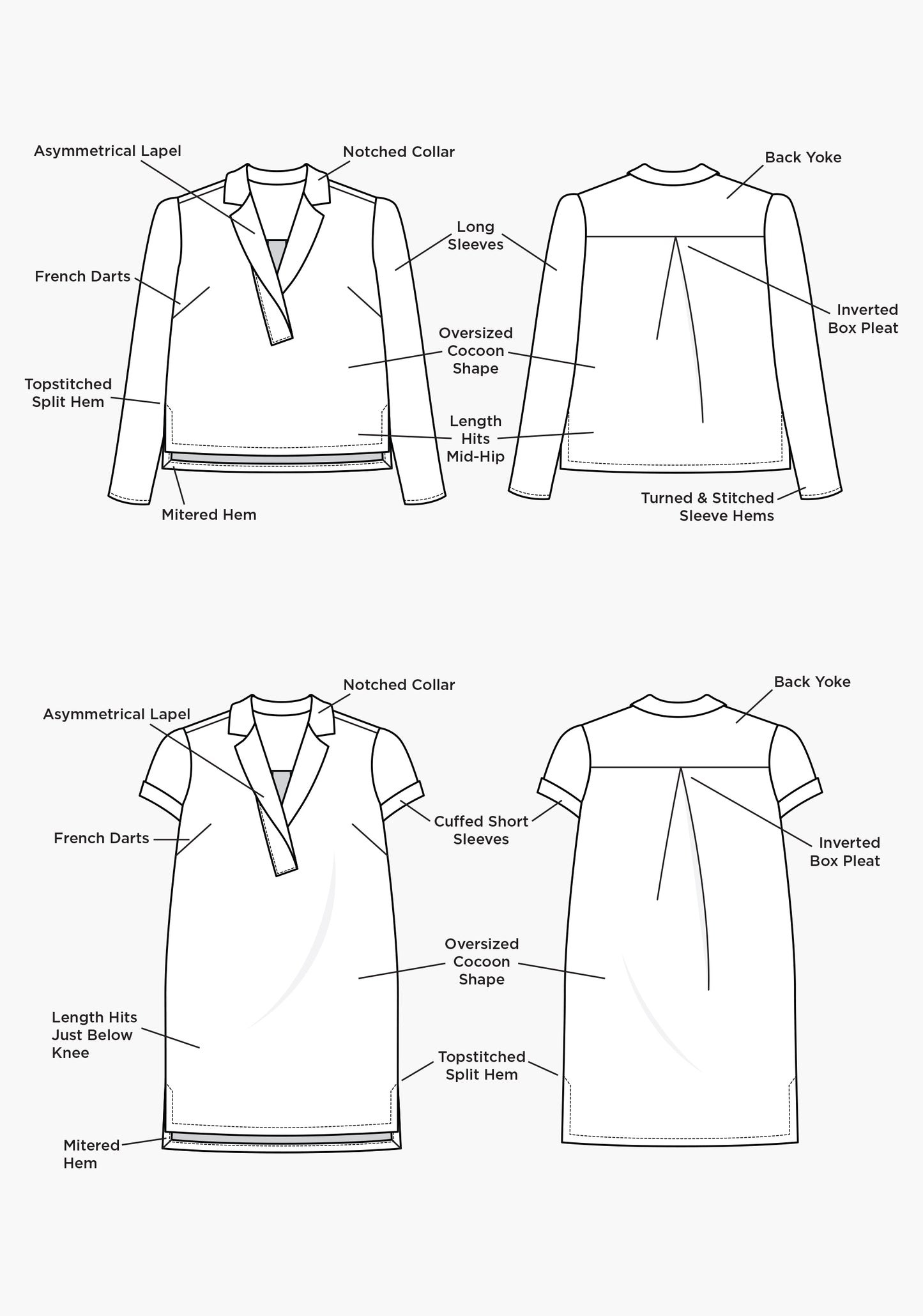 Flat technical illustrations of Augusta Top and Dress with notched collar, asymmetric lapel, darts, and back pleat.
