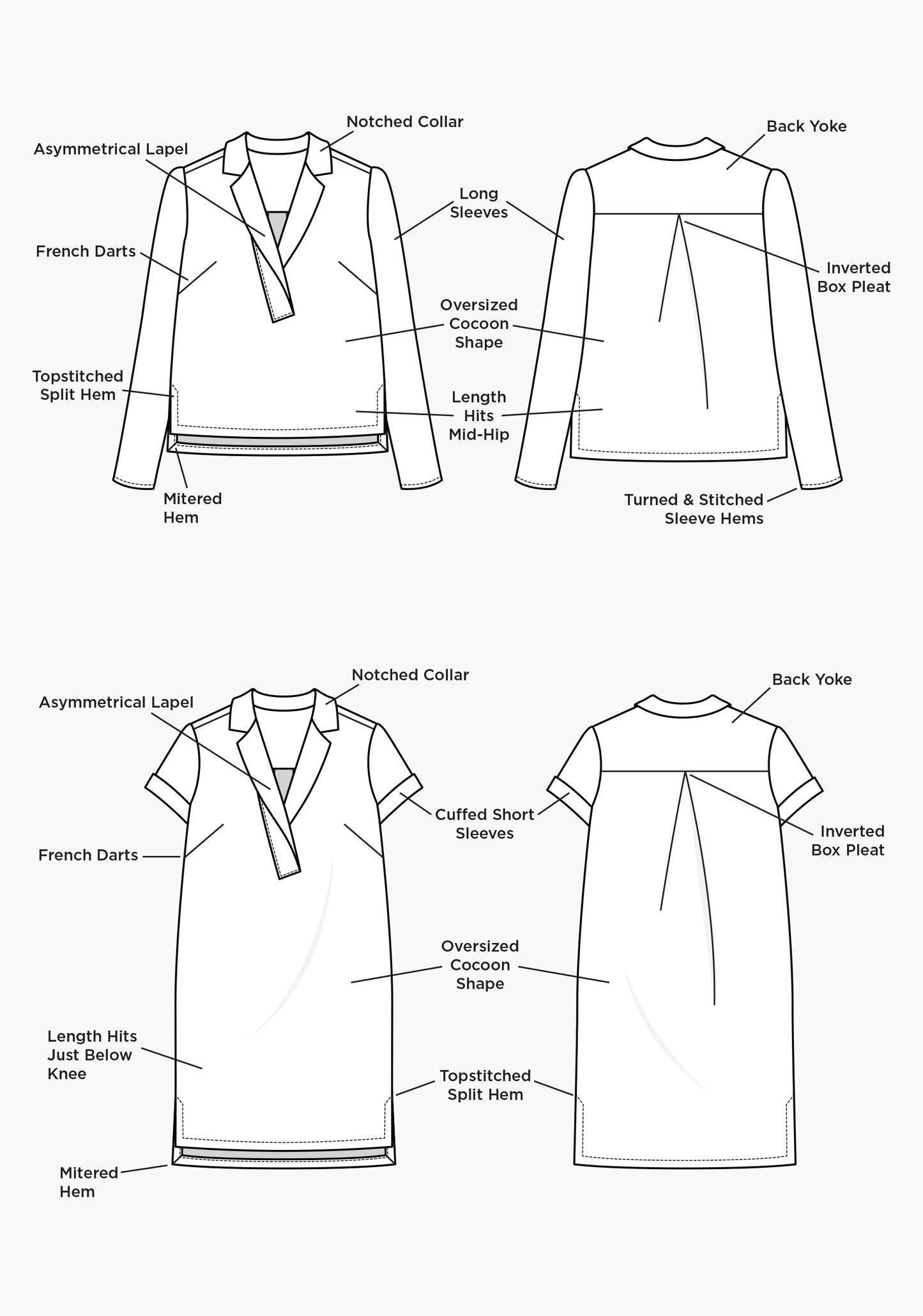 Flat technical illustrations of Augusta Top and Dress showing construction details and design elements.
