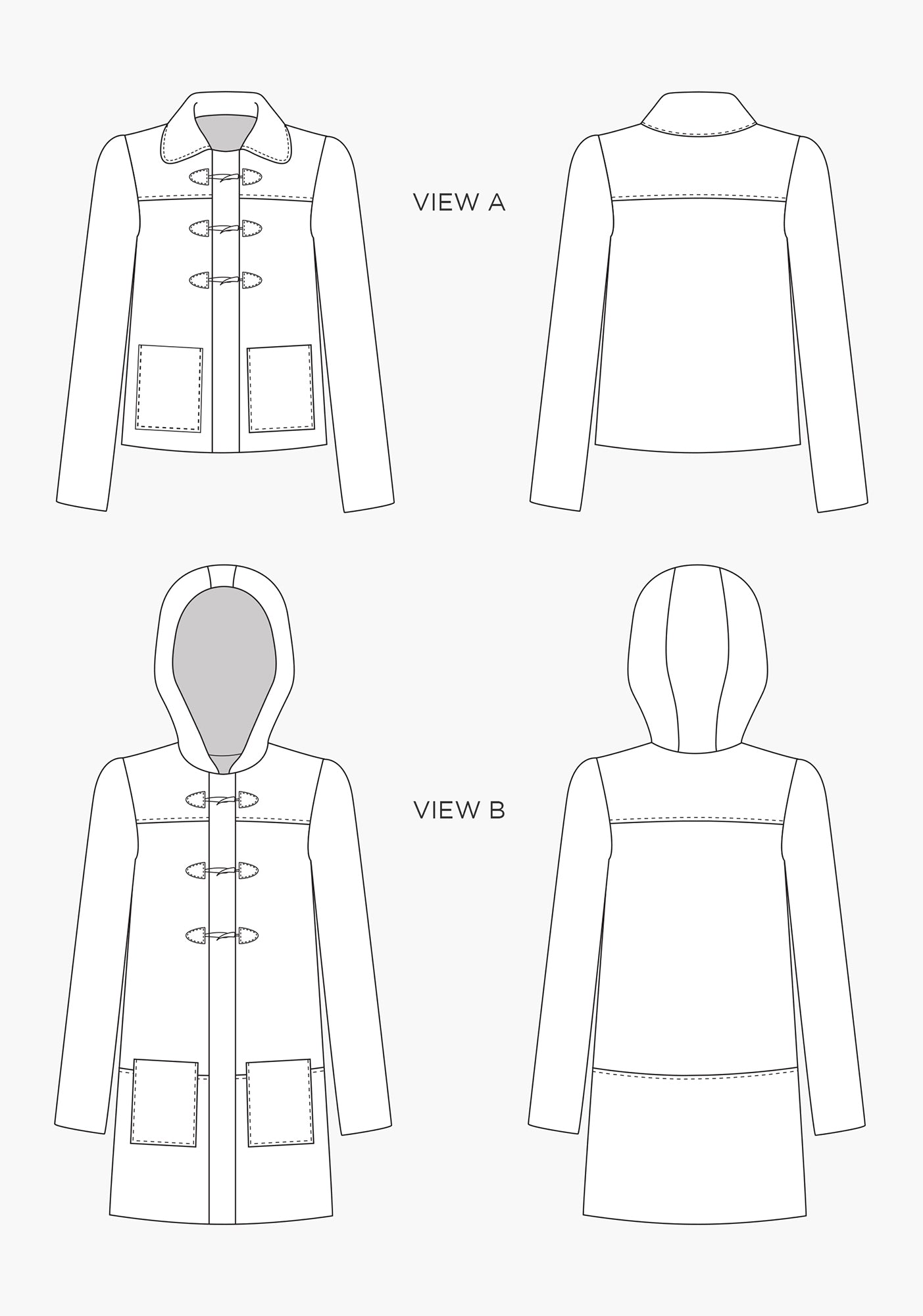 Technical flats of Cascade Duffle Coat Views A and B, featuring patch pockets and toggle closures.