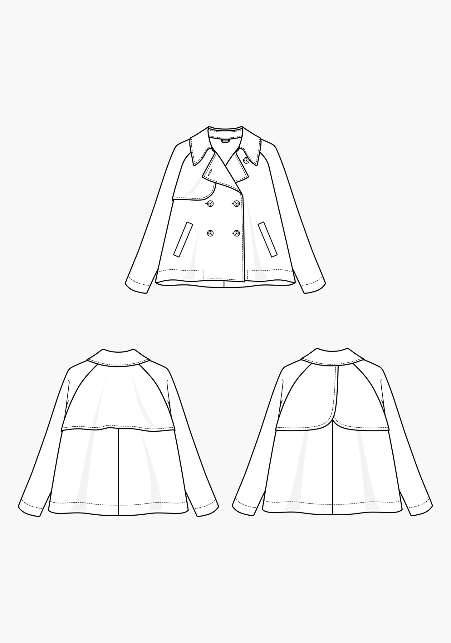 Technical flats of the Cortland Trench Coat with front and two back views, showing storm flaps and welt pockets.