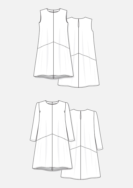 Flat sketch of Farrow Dress with diagonal seam, hidden pockets, and sleeveless or long sleeve options.
