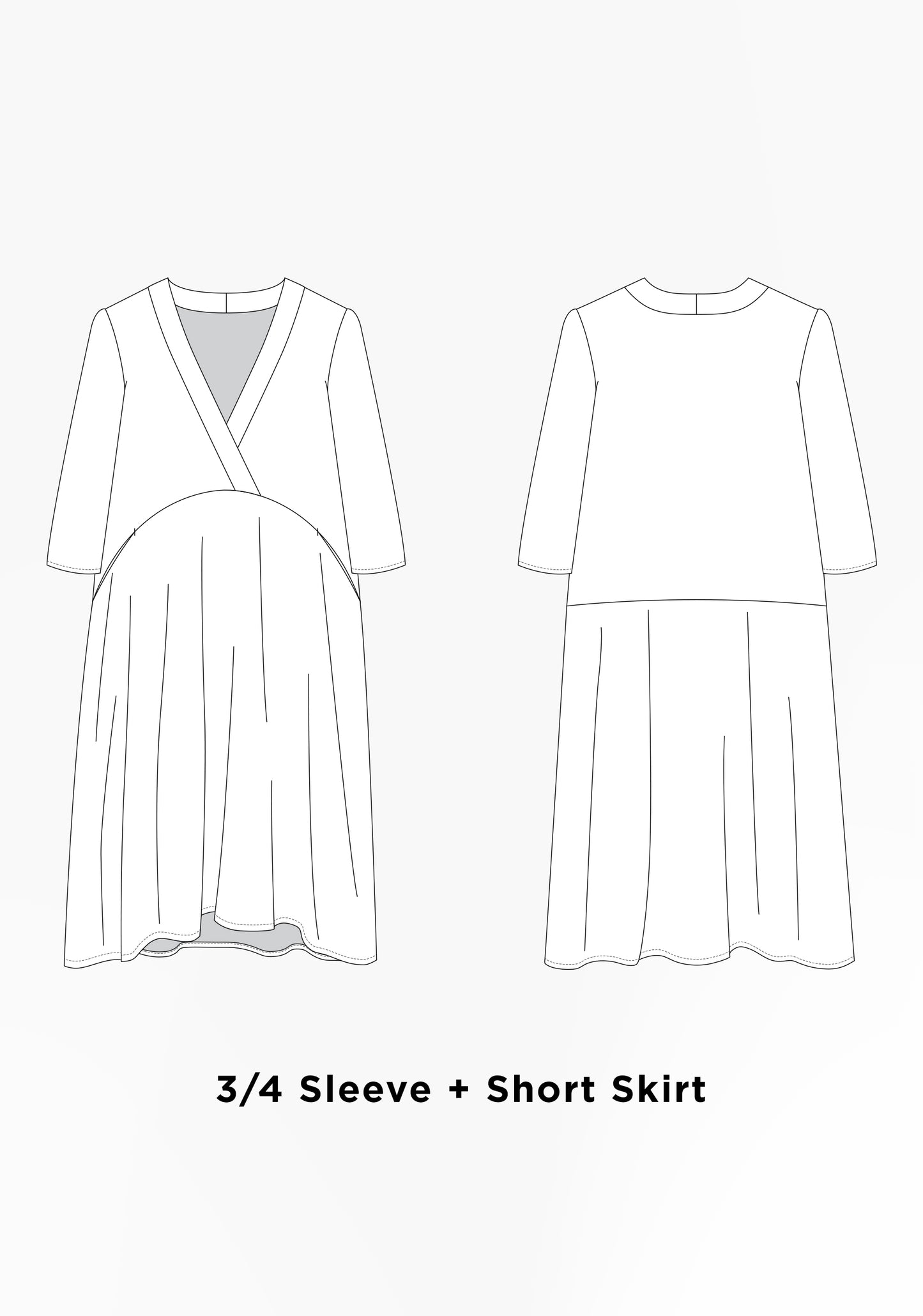 Flat illustration of Felix Dress with ¾ sleeve and short skirt, showing crossover bodice and curved waist seam.