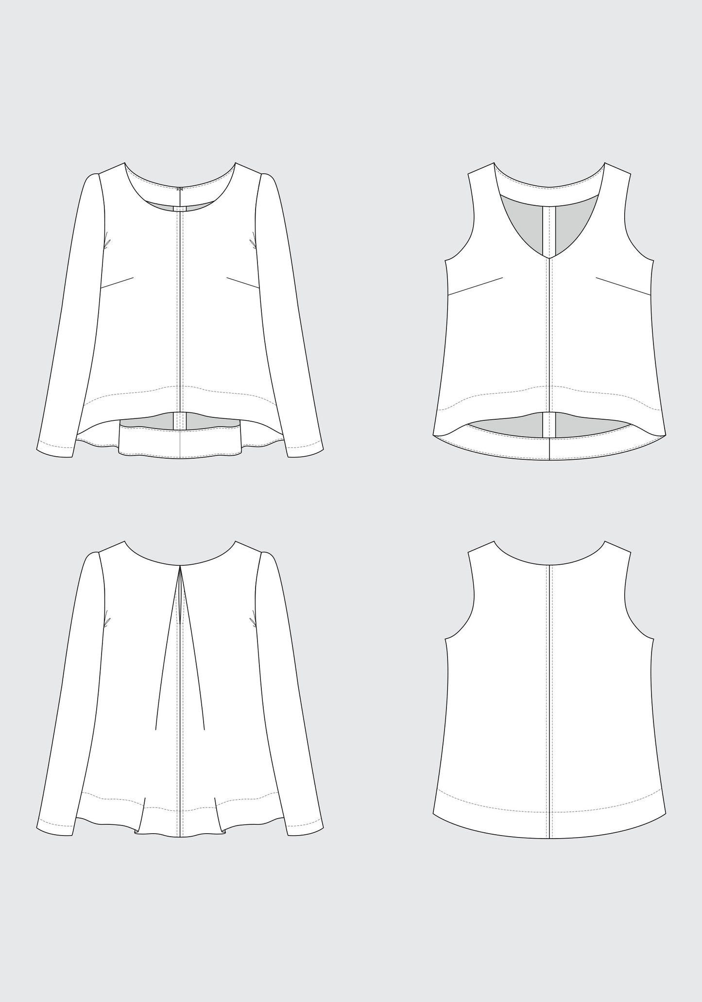 Technical illustration showing front and back views of Hadley Top View A with sleeves and View B sleeveless options.