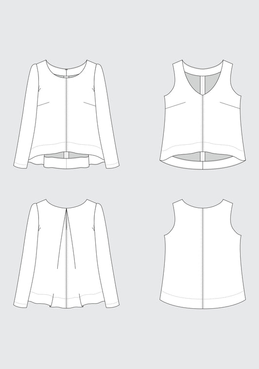 Technical illustration showing front and back views of Hadley Top View A with sleeves and View B sleeveless options.