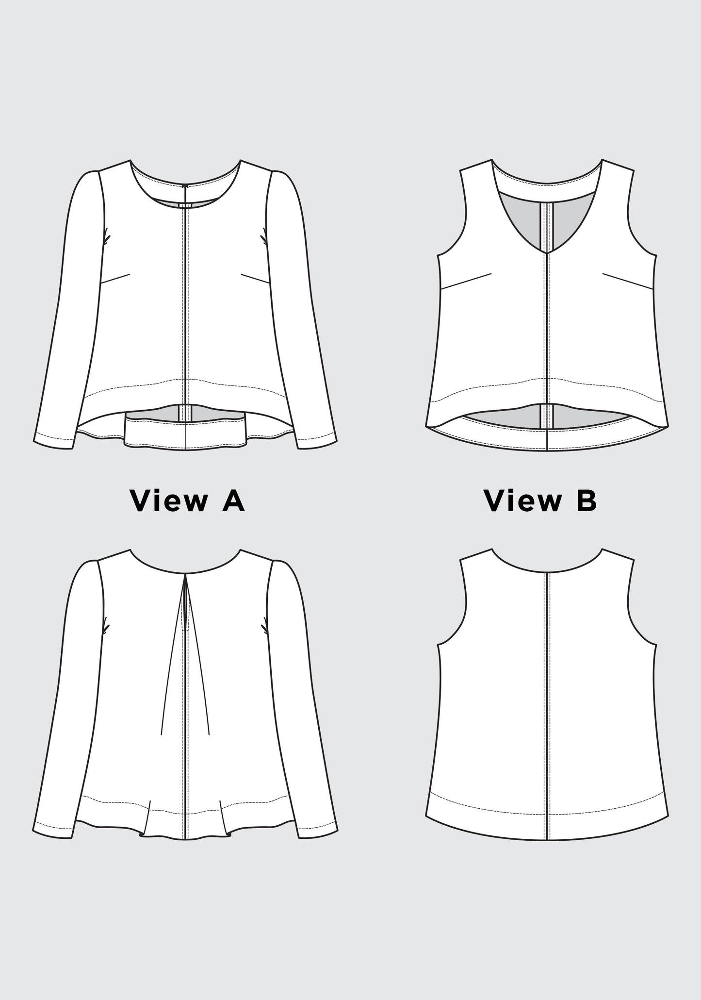 Technical illustrations of Hadley Top Views A and B, showing front and back options with sleeve and neckline variations.