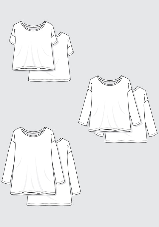 Flat illustrations showing Hemlock Tee with short, 3/4, and long sleeves in 3 lengths.