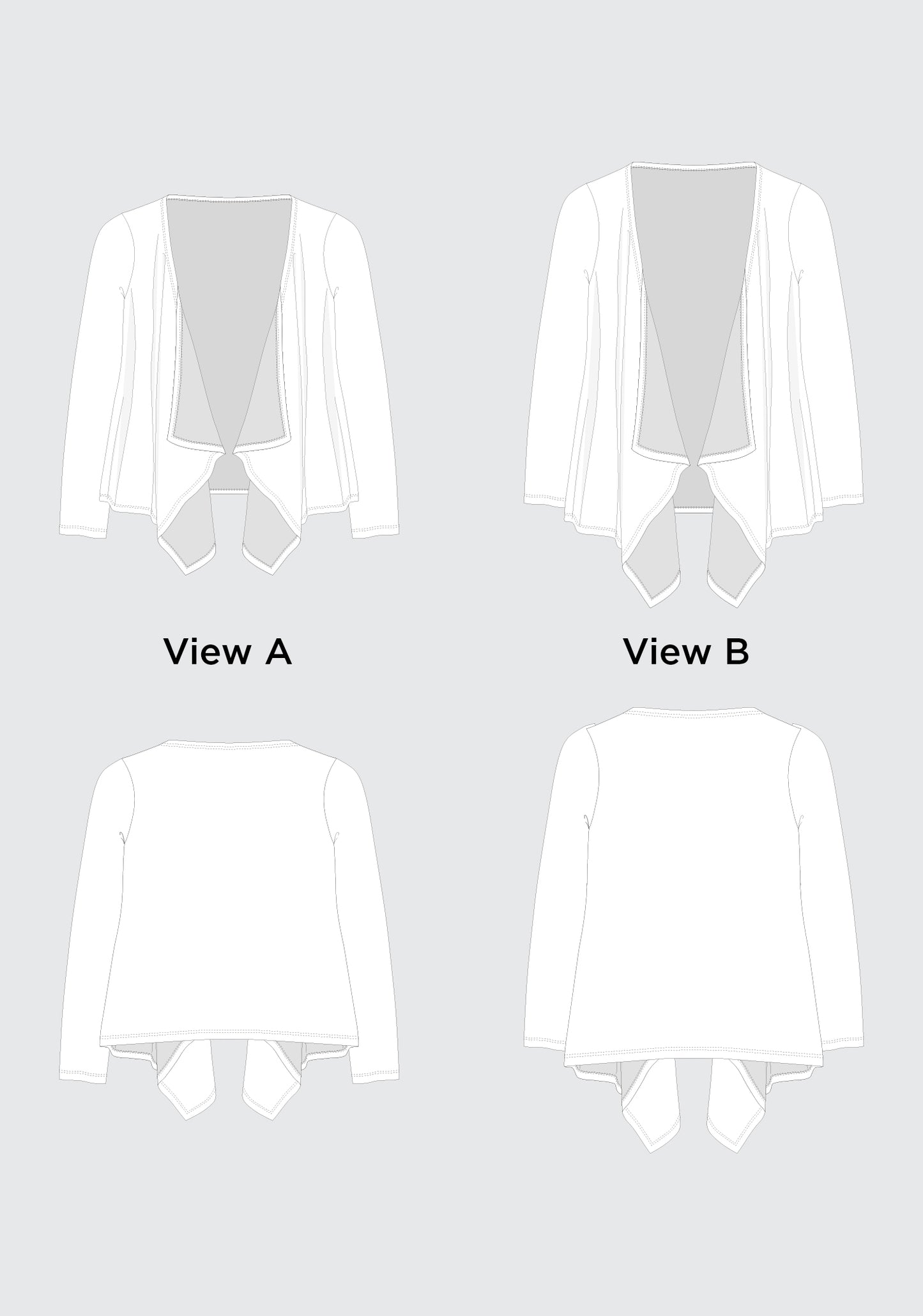 Technical illustrations of Lark Cardigan views A and B showing front and back design differences.