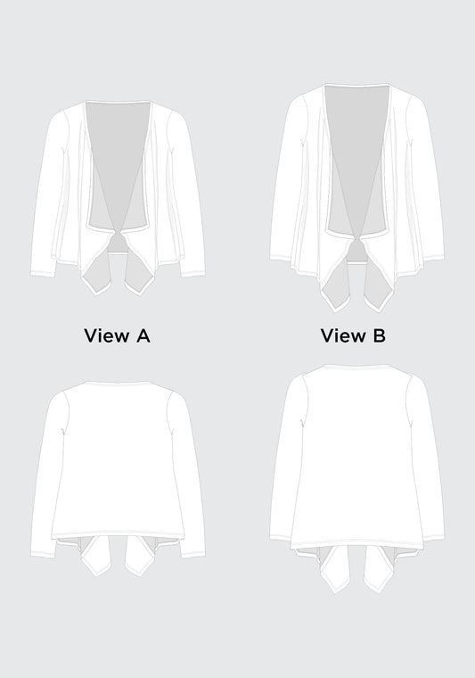 Technical illustrations of Lark Cardigan views A and B showing front and back design differences.