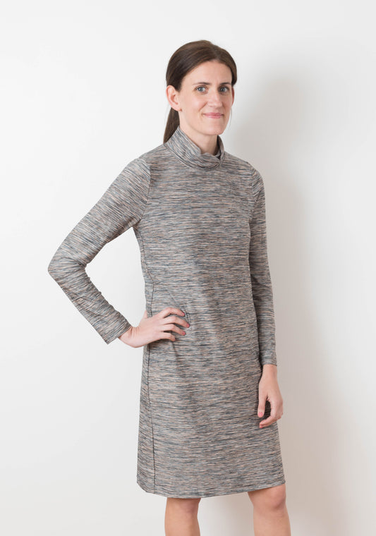 Model in heathered Lark Dress with cowl neck and long sleeves, front view.
