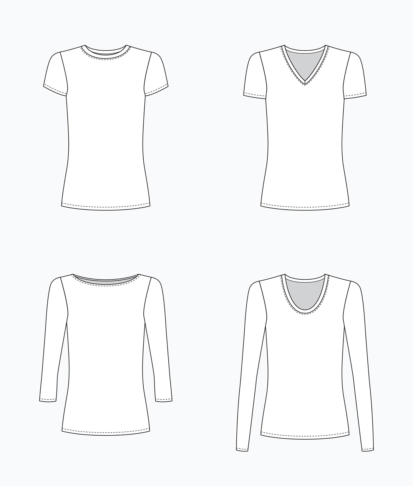 Flat technical illustrations of the Lark Tee pattern showing all four necklines and sleeve options.