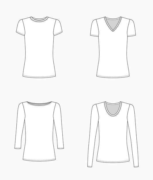 Flat technical illustrations of the Lark Tee pattern showing all four necklines and sleeve options.