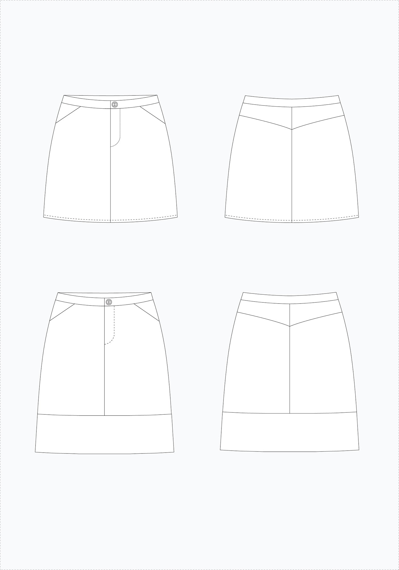 Flat technical illustration of the Moss Skirt pattern showing front and back views of both skirt lengths with yoke and waistband details.