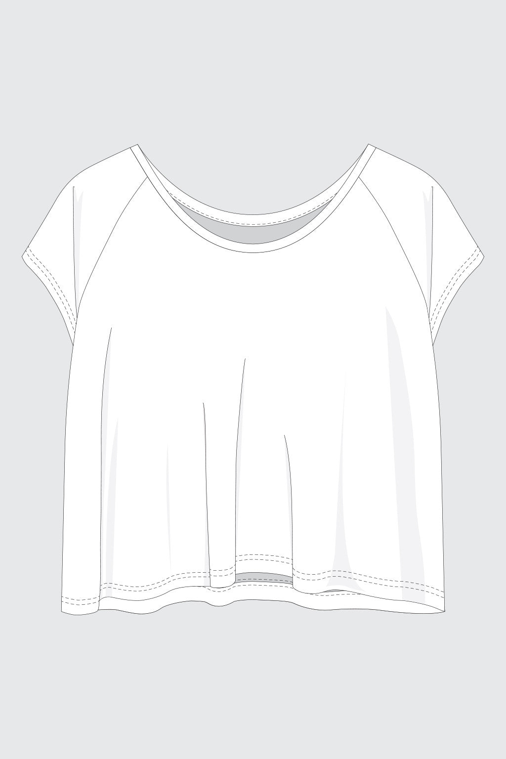Flat technical illustration of the Penny pattern, a short sleeve knit tee with relaxed fit and curved hem.