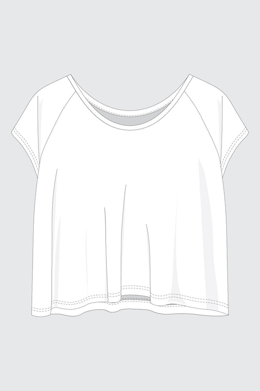 Flat technical illustration of the Penny pattern, a short sleeve knit tee with relaxed fit and curved hem.