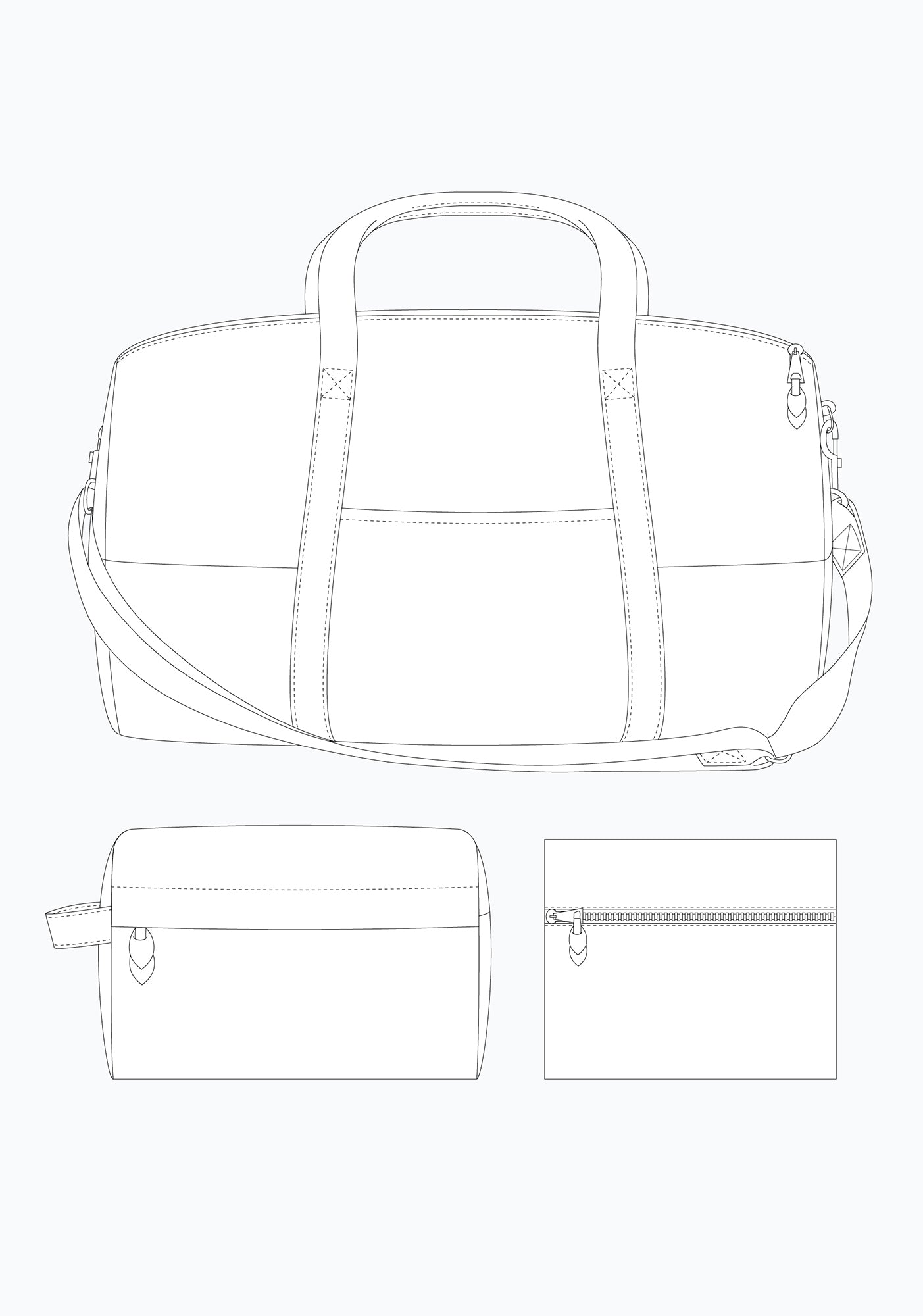 Line drawing of Portside duffle bag, dopp kit, and zippered pouch with handles, shoulder strap, and zipper closures.