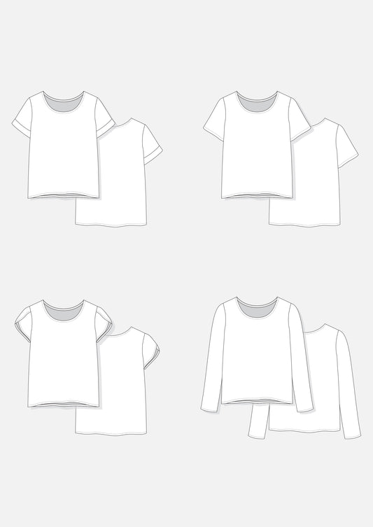 Flat technical illustrations showing all four Scout Tee sleeve styles.