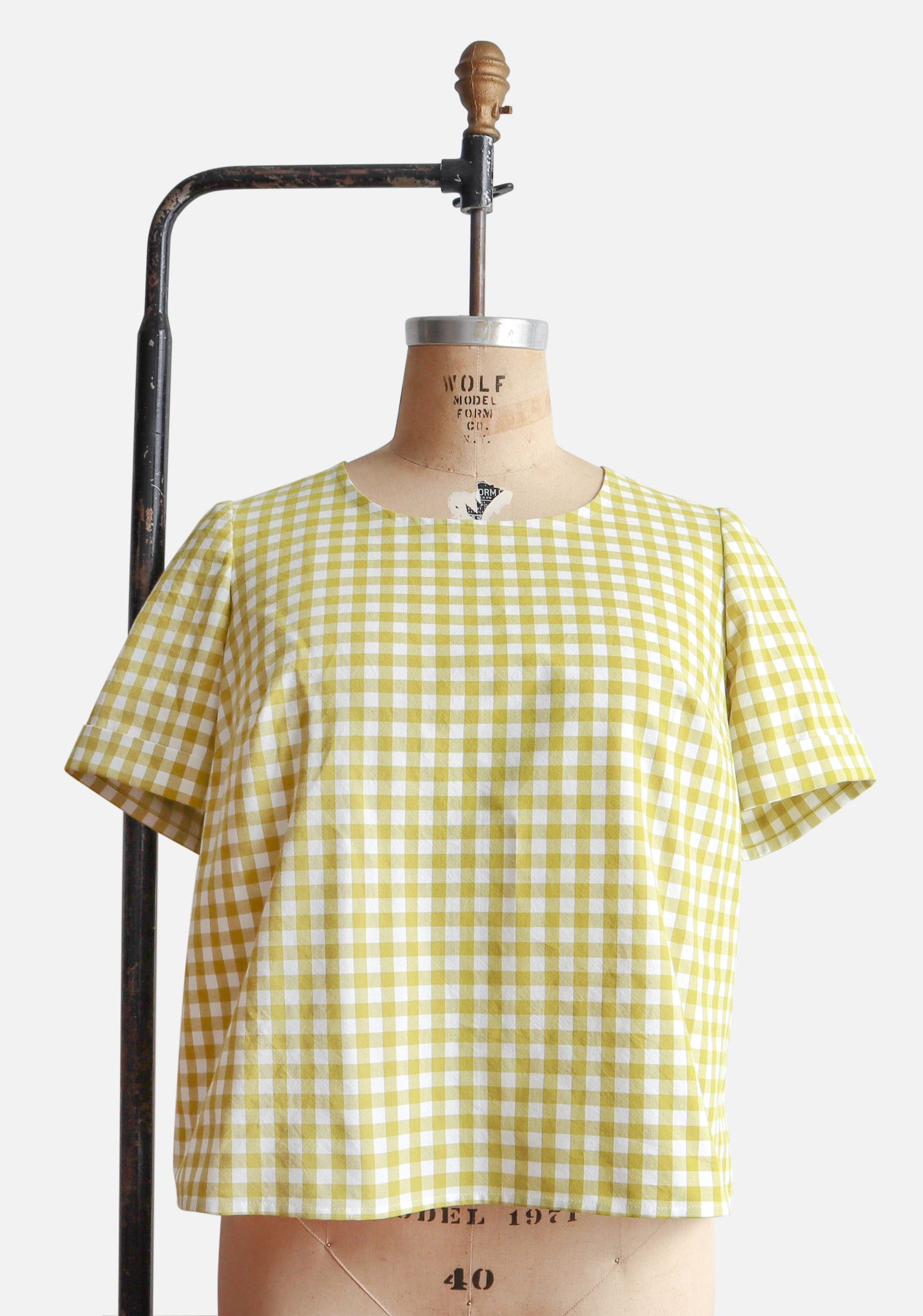 Scout Tee with short sleeves in lime yellow gingham fabric, shown on dress form.