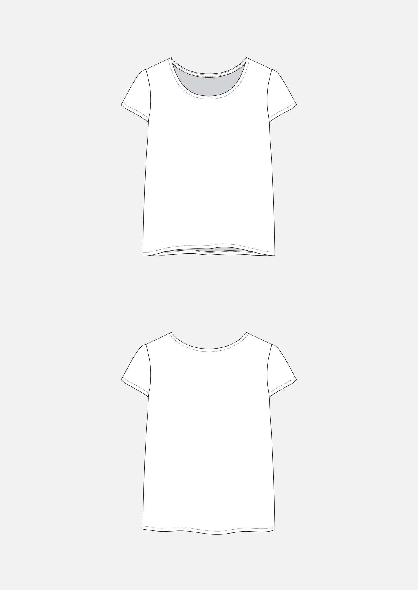 Technical flats of the Scout Tee showing front and back views with short sleeves and scoop neck.
