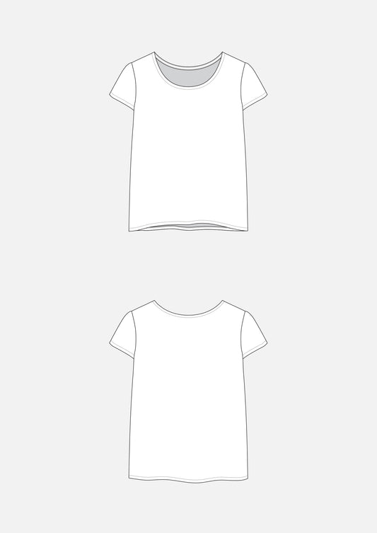 Technical flats of the Scout Tee showing front and back views with short sleeves and scoop neck.