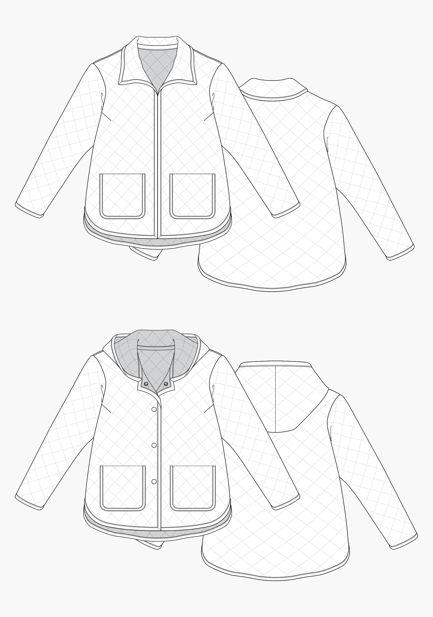 Technical flats of Tamarack Jacket with collar and hood variations, front patch pockets, and curved hem.