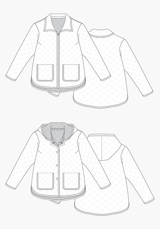Technical flats of Tamarack Jacket with collar and hood variations, front patch pockets, and curved hem.