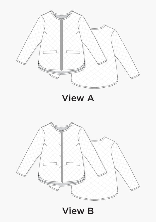 Technical flats of the Tamarack Jacket with front welt pockets and curved hem, shown with binding and snap variations.