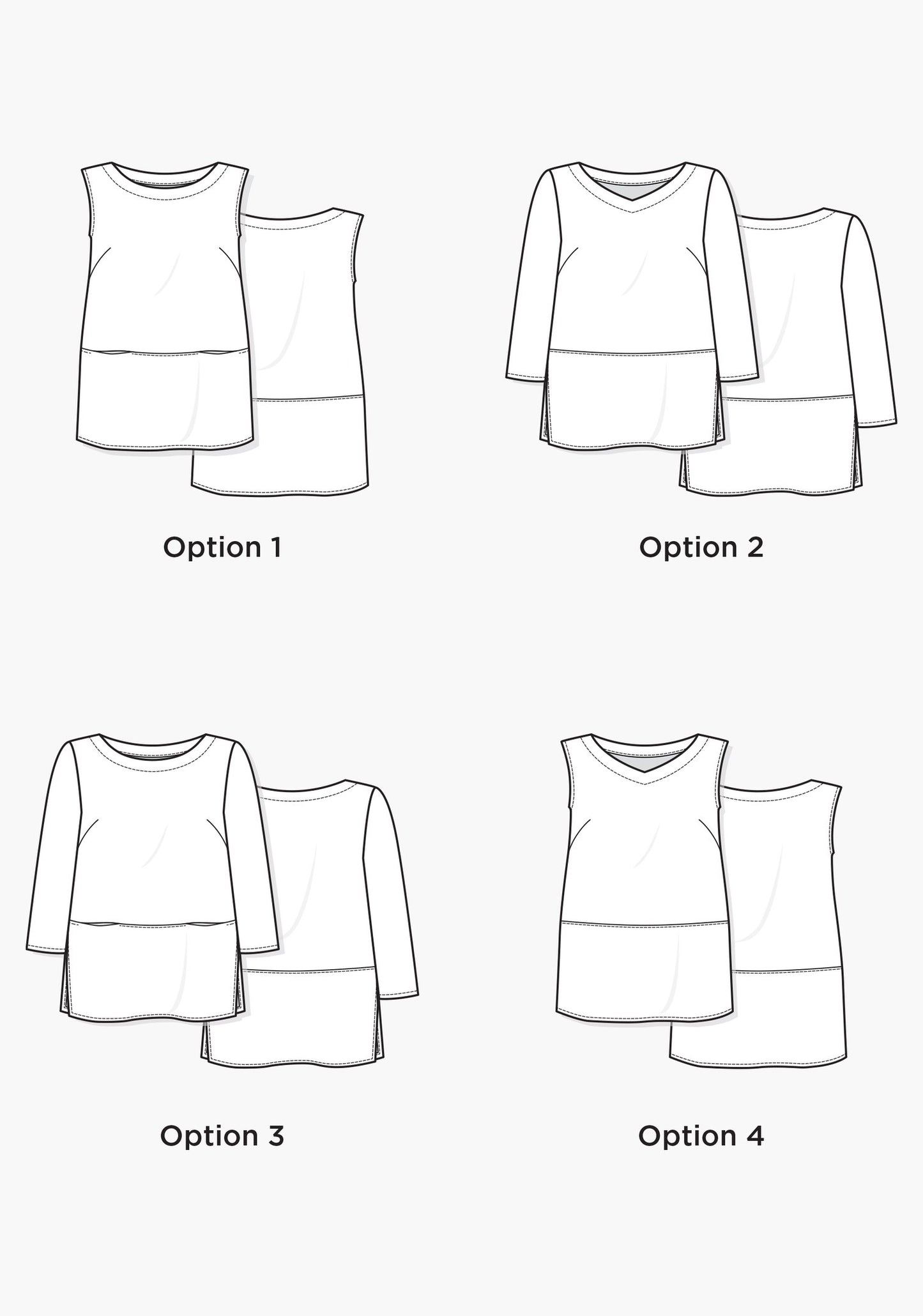 Line drawings of four tunic options showing different necklines, sleeve lengths, and seam placements.