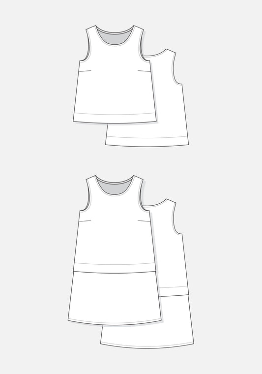 Labeled garment detail illustration for Willow Tank and Dress showing darts, hem, and neckline finishes.