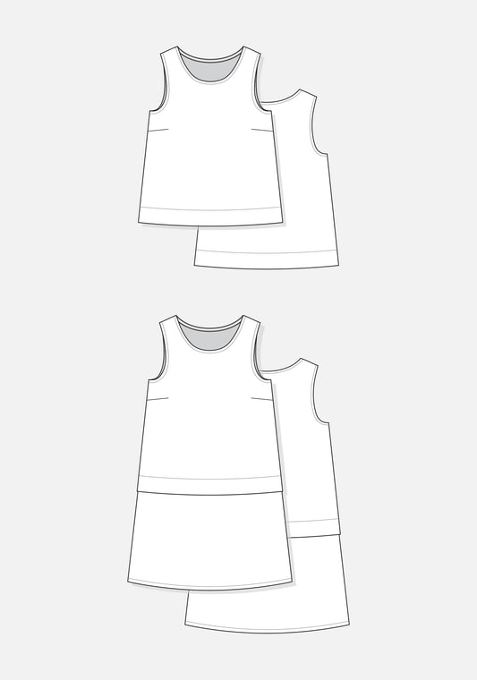 Flat sketch of Willow Tank and Dress showing A-line silhouettes, bust darts, and drop-waist seam option.