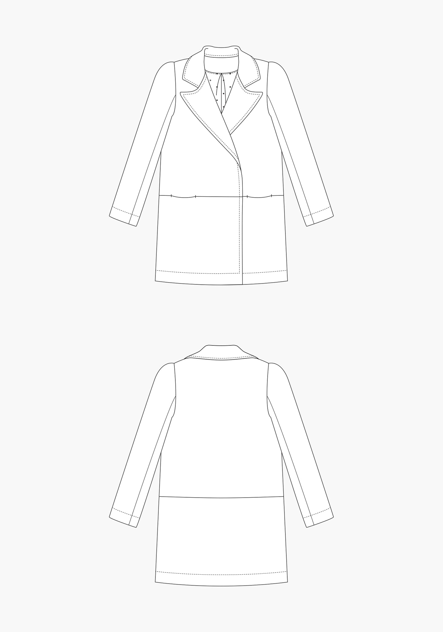 Technical flats of the Yates Coat showing front and back views with notched collar and welt pockets.
