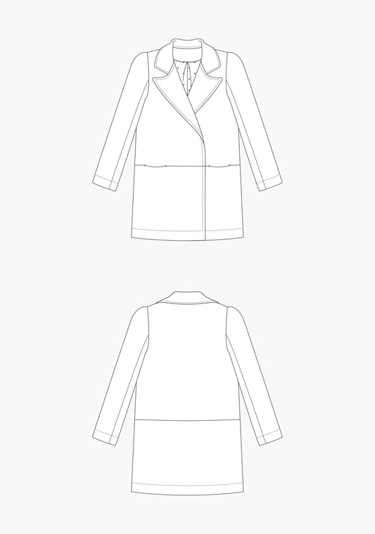 Technical flats of the Yates Coat showing front and back views with notched collar and welt pockets.