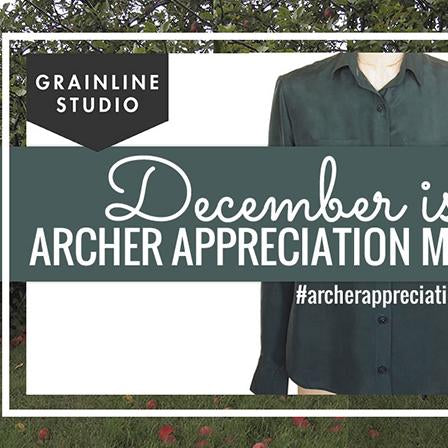 Grainline Studio banner announcing Archer Appreciation Month overlaid on a dark green Archer Button-Up on a dress form